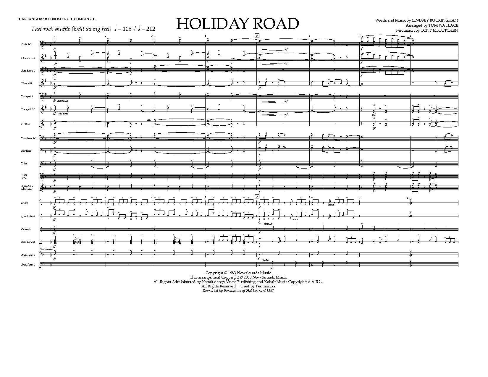 Lindsey Buckingham Holiday Road (from National Lampoon's Vacation) (arr. Tom Wallace) - Full Score sheet music preview music notes and score for Marching Band including 8 page(s)