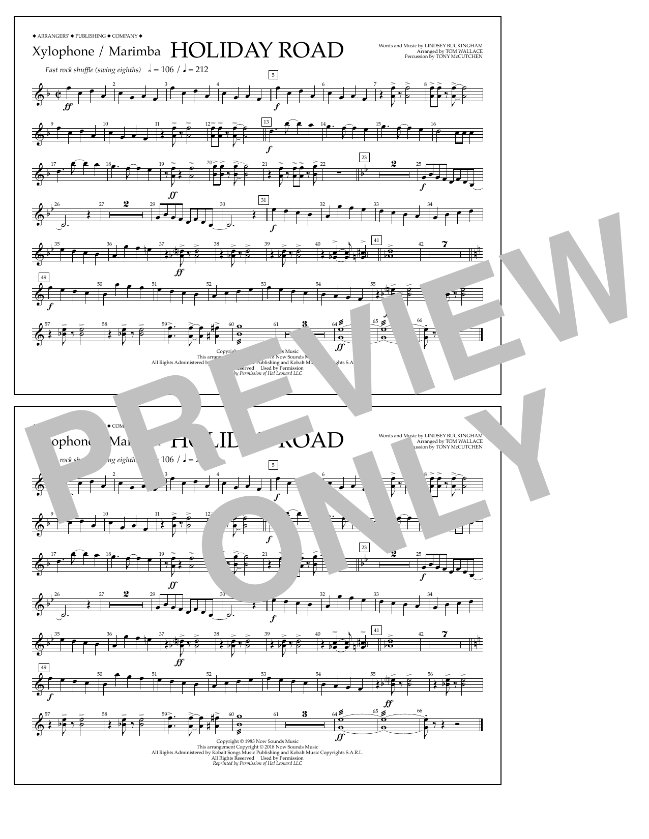 Learn to play Lindsey Buckingham Holiday Road (from National Lampoon's Vacation) (arr. Tom Wallace) - Xylophone/Marimba sheet music for Marching Band in minutes. Lindsey Buckingham Holiday Road (from National Lampoon's Vacation) (arr. Tom Wallace) - Xylophone/Marimba sheet music preview music notes and score for Marching Band including 1 page(s)