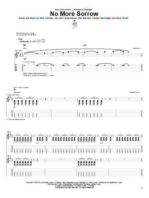 Linkin Park No More Sorrow sheet music, chords, lyrics - Printable PDF for Guitar Tab