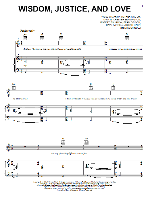 Linkin Park Wisdom, Justice, And Love sheet music, chords, lyrics - Printable PDF for Piano, Vocal & Guitar (Right-Hand Melody)