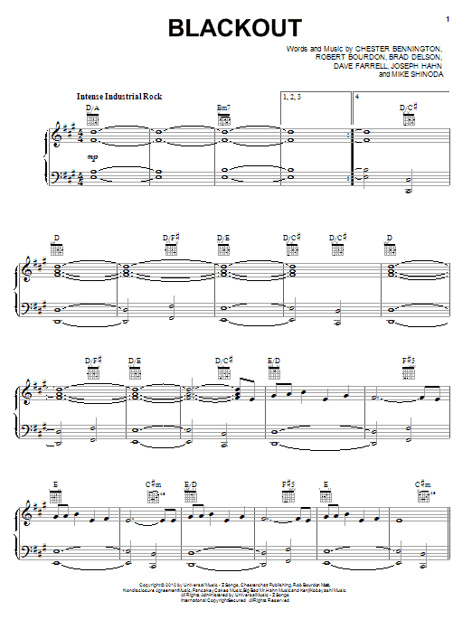 Learn to play Linkin Park Blackout sheet music for Piano, Vocal & Guitar (Right-Hand Melody) in minutes. Linkin Park Blackout sheet music preview music notes and score for Piano, Vocal & Guitar (Right-Hand Melody) including 9 page(s)
