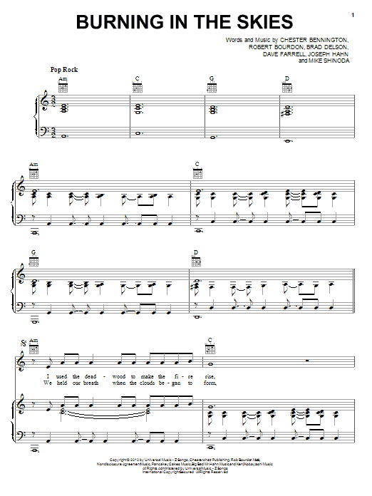 Learn to play Linkin Park Burning In The Skies sheet music for Piano, Vocal & Guitar (Right-Hand Melody) in minutes. Linkin Park Burning In The Skies sheet music preview music notes and score for Piano, Vocal & Guitar (Right-Hand Melody) including 8 page(s)