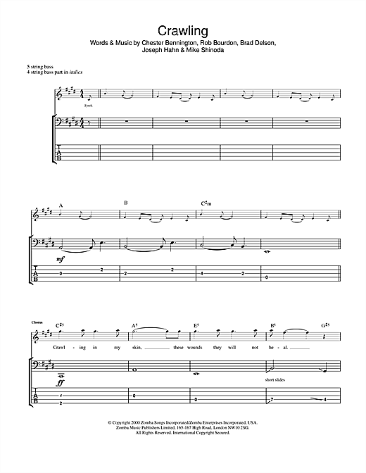 Learn to play Linkin Park Crawling sheet music for Bass Guitar Tab in minutes. Linkin Park Crawling sheet music notes and chords