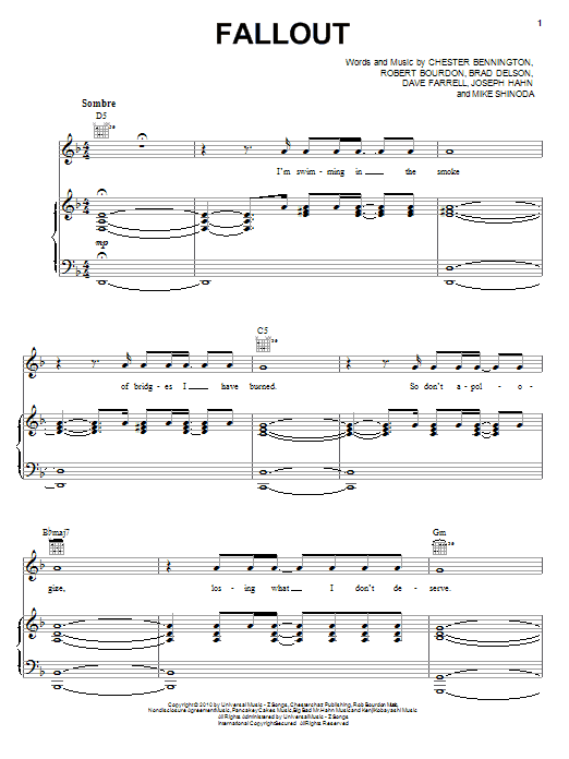 Linkin Park Fallout sheet music preview music notes and score for Piano, Vocal & Guitar (Right-Hand Melody) including 2 page(s)