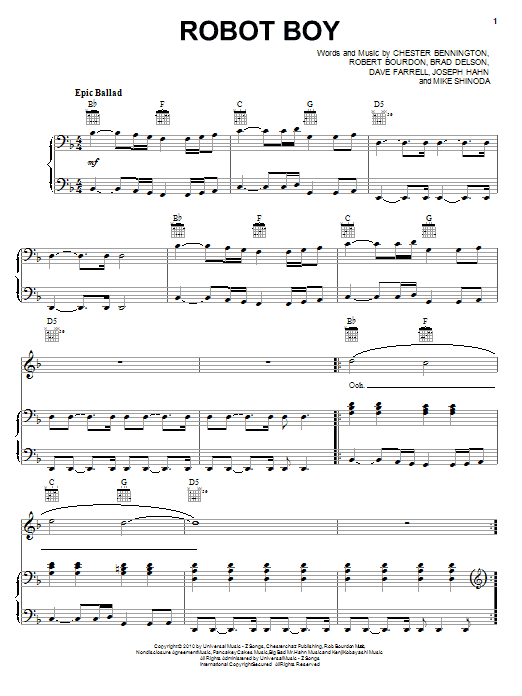 Learn to play Linkin Park Robot Boy sheet music for Piano, Vocal & Guitar (Right-Hand Melody) in minutes. Linkin Park Robot Boy sheet music preview music notes and score for Piano, Vocal & Guitar (Right-Hand Melody) including 7 page(s)