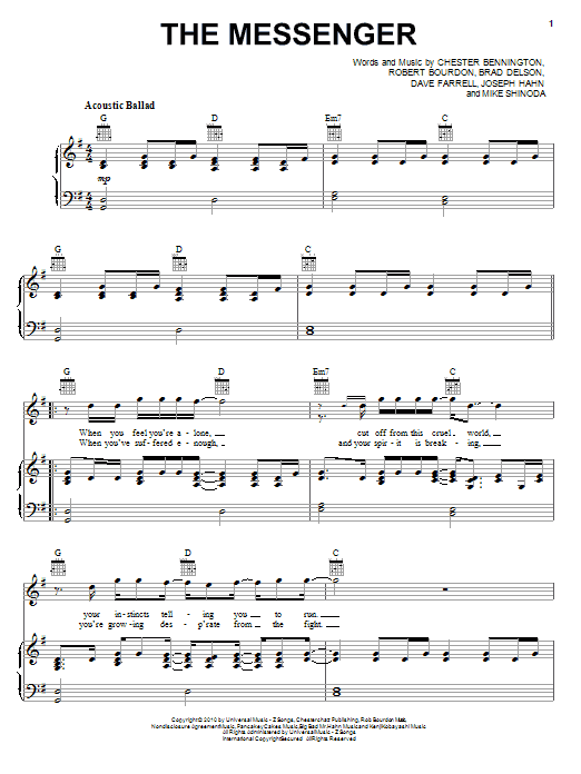 Learn to play Linkin Park The Messenger sheet music for Piano, Vocal & Guitar (Right-Hand Melody) in minutes. Linkin Park The Messenger sheet music preview music notes and score for Piano, Vocal & Guitar (Right-Hand Melody) including 4 page(s)