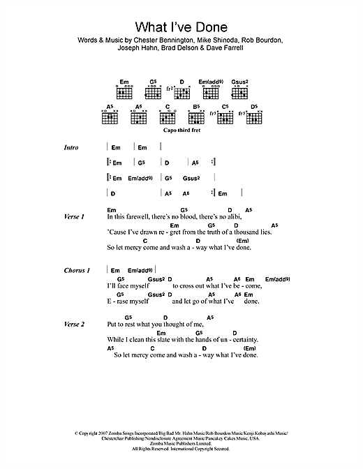 Learn to play Linkin Park What I've Done sheet music for Piano, Vocal & Guitar (Right-Hand Melody) in minutes. Linkin Park What I've Done sheet music preview music notes and score for Piano, Vocal & Guitar (Right-Hand Melody) including 6 page(s)