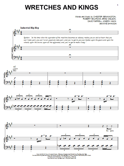 Learn to play Linkin Park Wretches And Kings sheet music for Piano, Vocal & Guitar (Right-Hand Melody) in minutes. Linkin Park Wretches And Kings sheet music preview music notes and score for Piano, Vocal & Guitar (Right-Hand Melody) including 7 page(s)