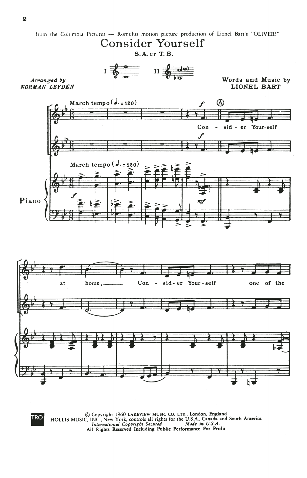 Lionel Bart Consider Yourself (from Oliver!) (arr. Norman Leyden) sheet music, chords, lyrics - Printable PDF for 2-Part Choir