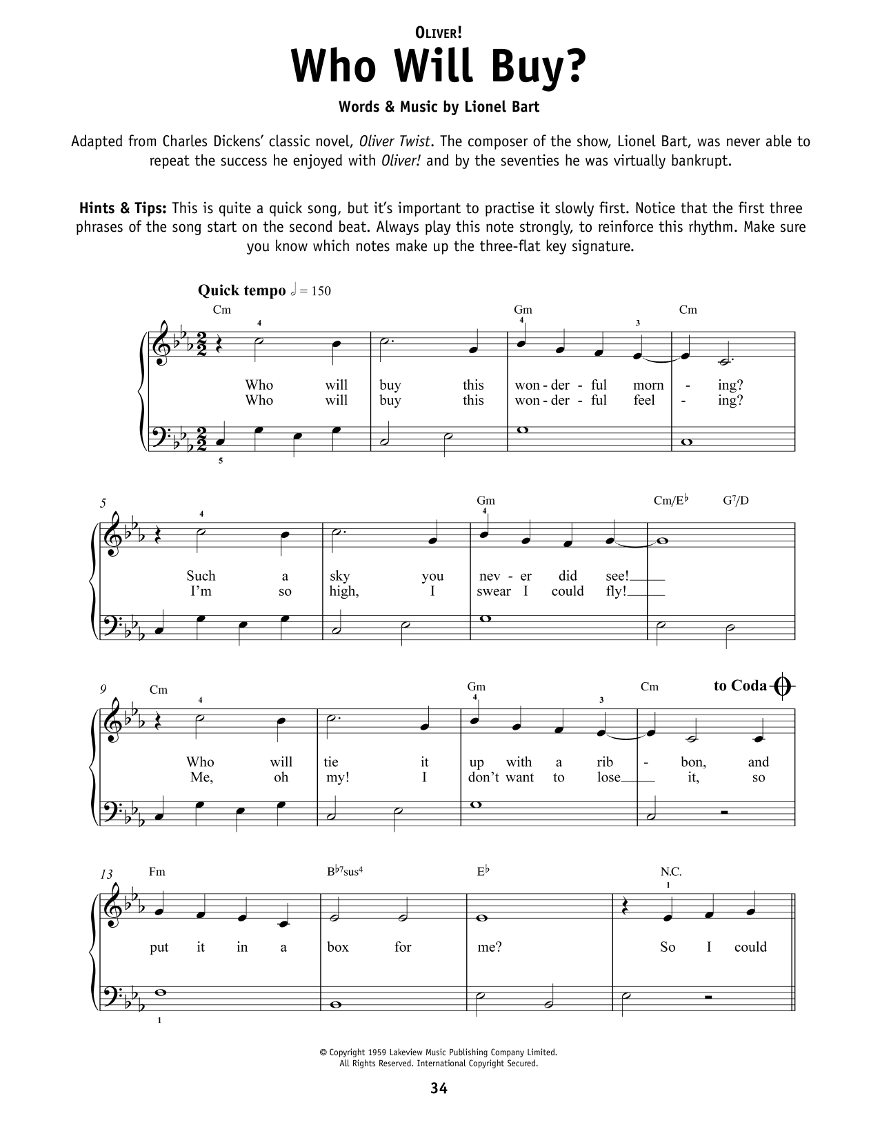 Lionel Bart Who Will Buy? (from Oliver!) sheet music, chords, lyrics - Printable PDF for Really Easy Piano