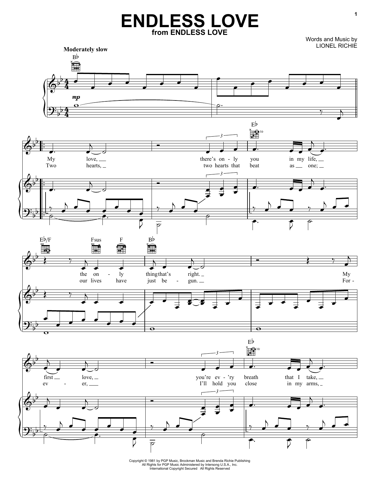 Download Lionel Richie & Diana Ross Endless Love sheet music notes and chords for Piano, Vocal & Guitar (Right-Hand Melody) - Download Printable PDF and start playing in minutes.