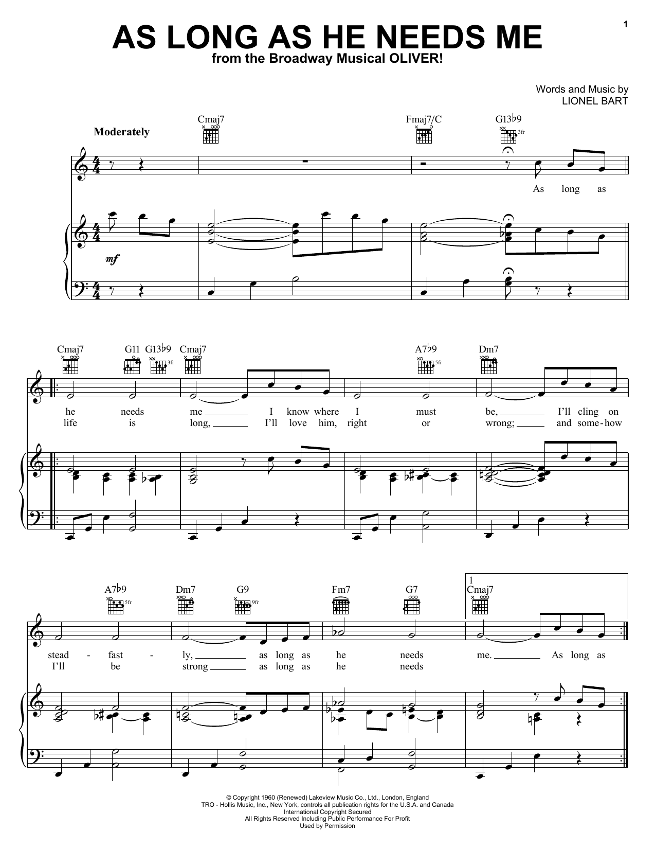 Learn to play Lionel Bart As Long As He Needs Me sheet music for Piano & Vocal in minutes. Lionel Bart As Long As He Needs Me sheet music notes and chords