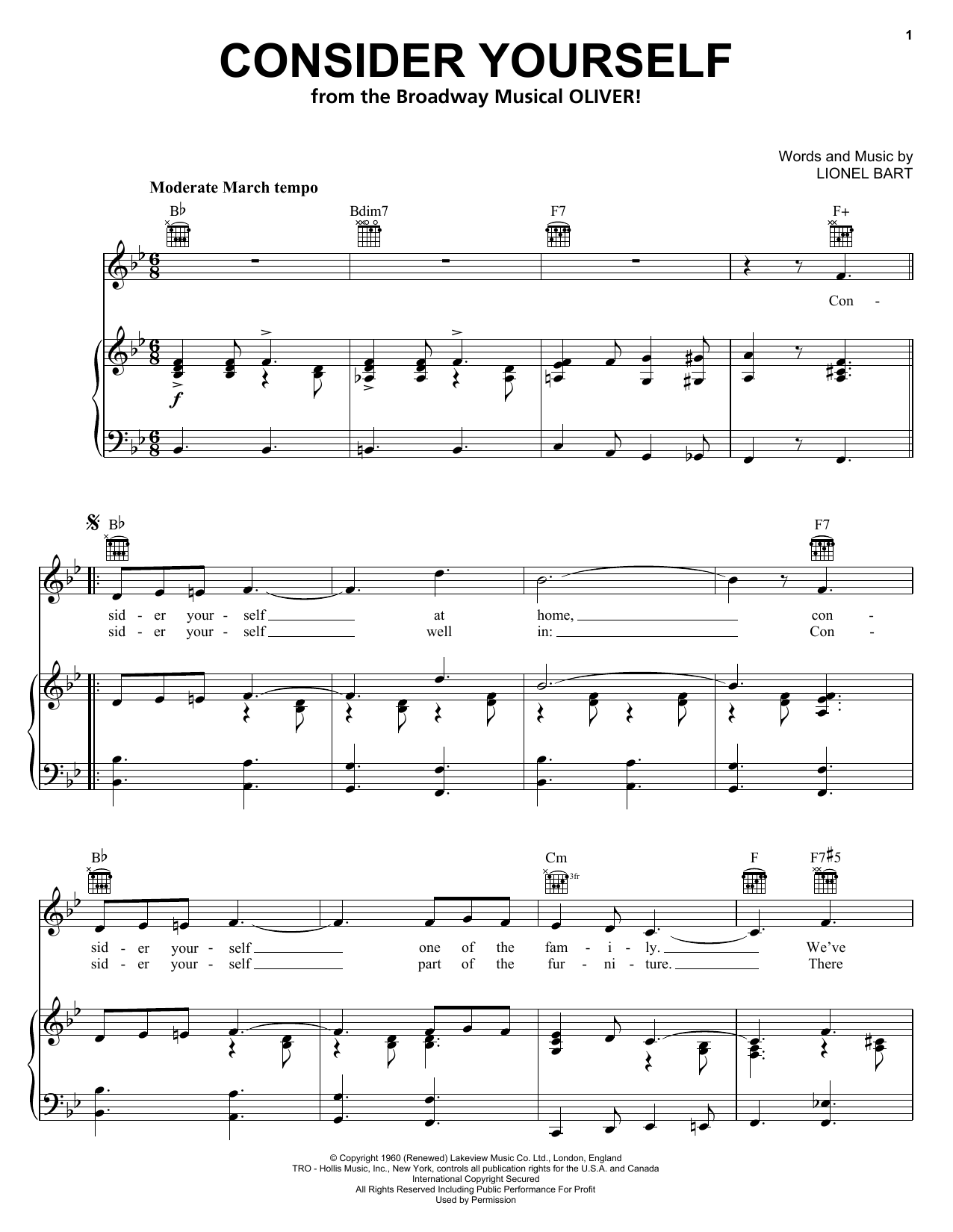 Learn to play Lionel Bart Consider Yourself sheet music for Lyrics & Chords in minutes. Lionel Bart Consider Yourself sheet music preview music notes and score for Lyrics & Chords including 2 page(s)