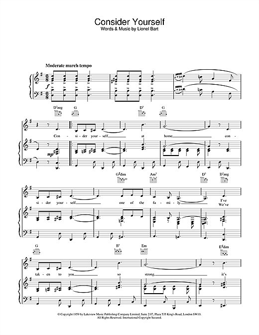 Learn to play Lionel Bart Consider Yourself (from Oliver!) sheet music for Piano in minutes. Lionel Bart Consider Yourself (from Oliver!) sheet music notes and chords