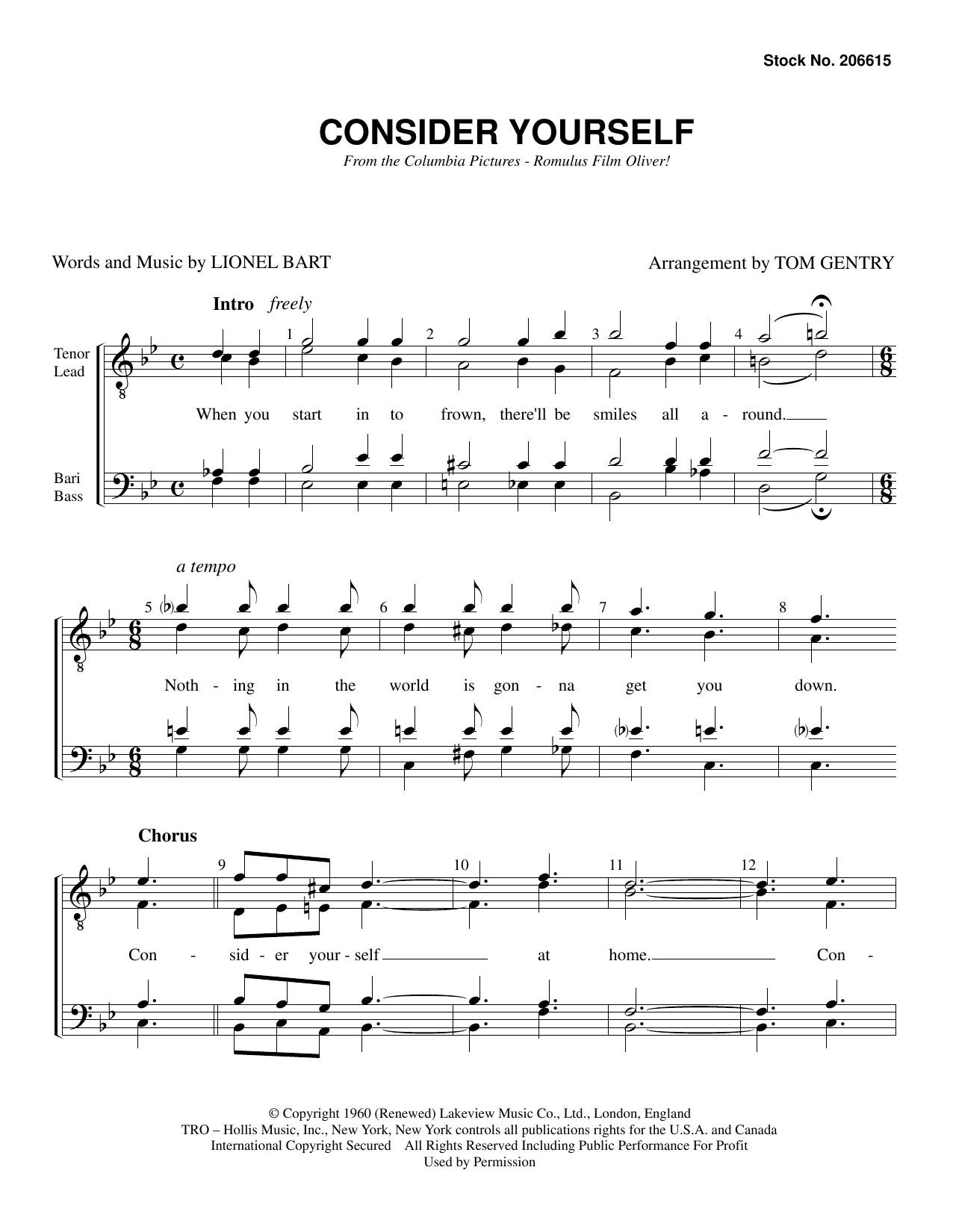 Learn to play Lionel Bart Consider Yourself (from Oliver) (arr. Tom Gentry) sheet music for TTBB Choir in minutes. Lionel Bart Consider Yourself (from Oliver) (arr. Tom Gentry) sheet music preview music notes and score for TTBB Choir including 8 page(s)