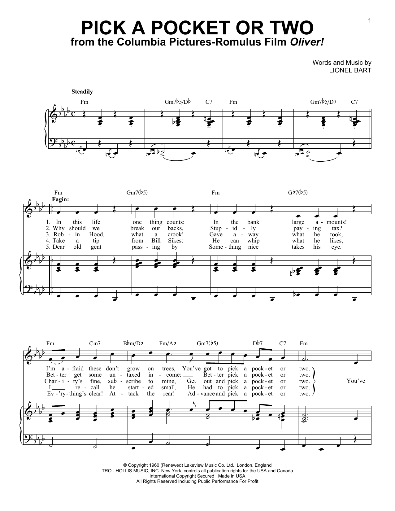 Learn to play Lionel Bart Pick A Pocket Or Two sheet music for Piano & Vocal in minutes. Lionel Bart Pick A Pocket Or Two sheet music preview music notes and score for Piano & Vocal including 3 page(s)