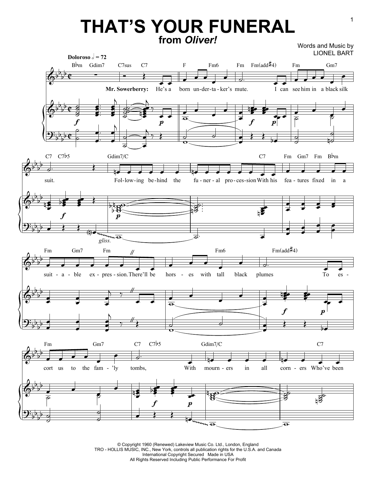 Learn to play Lionel Bart That's Your Funeral sheet music for Piano & Vocal in minutes. Lionel Bart That's Your Funeral sheet music preview music notes and score for Piano & Vocal including 3 page(s)