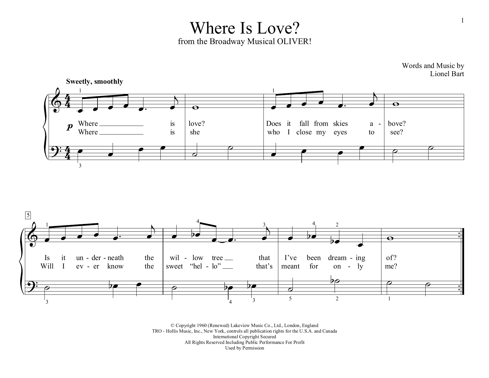 Learn to play Lionel Bart Where Is Love? (from Oliver!) (arr. Christopher Hussey) sheet music for Educational Piano in minutes. Lionel Bart Where Is Love? (from Oliver!) (arr. Christopher Hussey) sheet music preview music notes and score for Educational Piano including 2 page(s)
