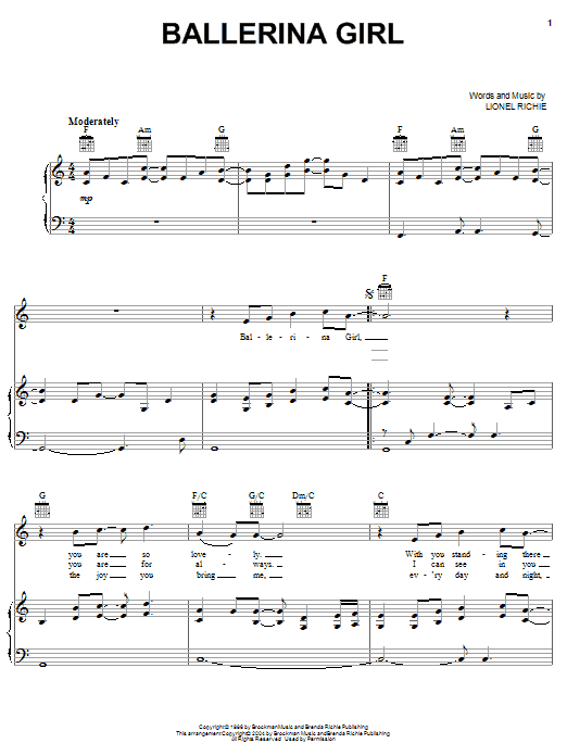 Learn to play Lionel Richie Ballerina Girl sheet music for Piano, Vocal & Guitar (Right-Hand Melody) in minutes. Lionel Richie Ballerina Girl sheet music preview music notes and score for Piano, Vocal & Guitar (Right-Hand Melody) including 6 page(s)