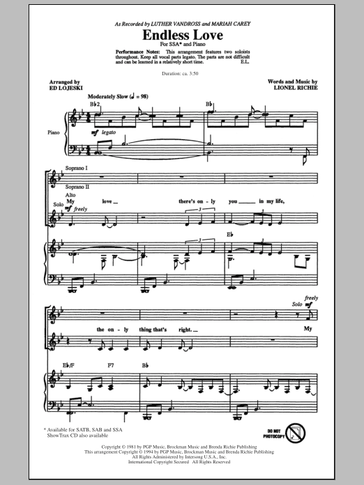 Learn to play Lionel Richie Endless Love (arr. Ed Lojeski) sheet music for SSA in minutes. Lionel Richie Endless Love (arr. Ed Lojeski) sheet music preview music notes and score for SSA including 10 page(s)