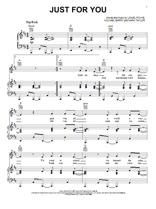 Learn to play Lionel Richie Just For You sheet music for Piano, Vocal & Guitar (Right-Hand Melody) in minutes. Lionel Richie Just For You sheet music preview music notes and score for Piano, Vocal & Guitar (Right-Hand Melody) including 7 page(s)