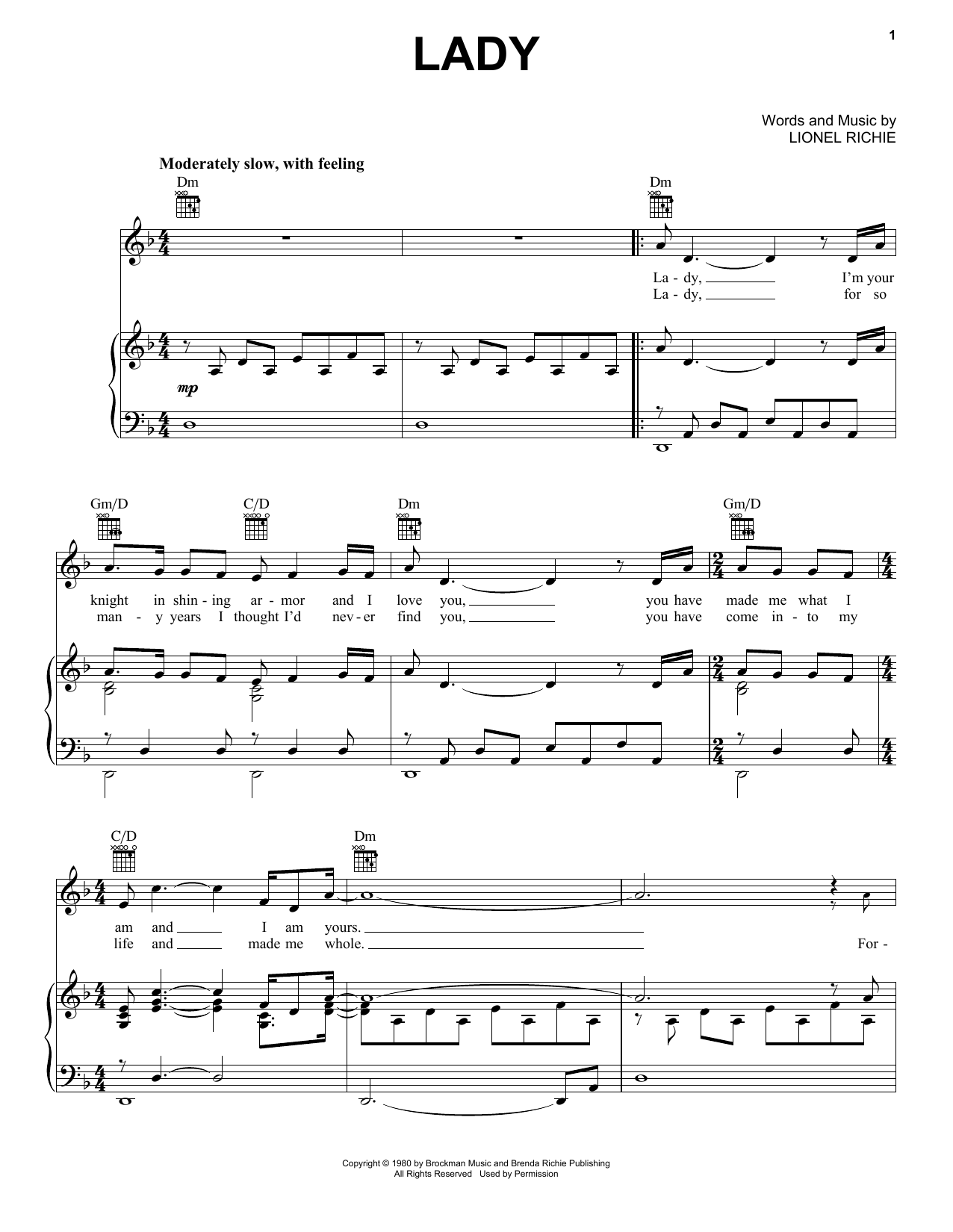 Lionel Richie Lady sheet music preview music notes and score for Piano, Vocal & Guitar (Right-Hand Melody) including 4 page(s)