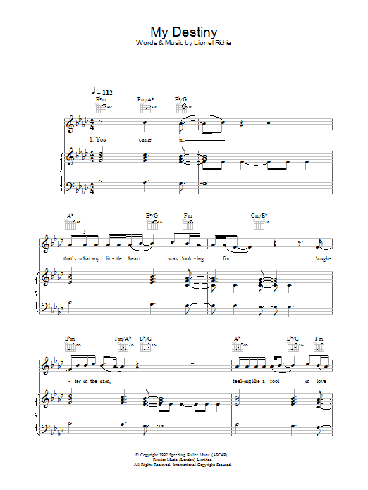 Learn to play Lionel Richie My Destiny sheet music for Piano, Vocal & Guitar in minutes. Lionel Richie My Destiny sheet music preview music notes and score for Piano, Vocal & Guitar including 9 page(s)