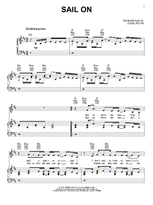 Learn to play Lionel Richie Sail On sheet music for Piano, Vocal & Guitar (Right-Hand Melody) in minutes. Lionel Richie Sail On sheet music preview music notes and score for Piano, Vocal & Guitar (Right-Hand Melody) including 6 page(s)
