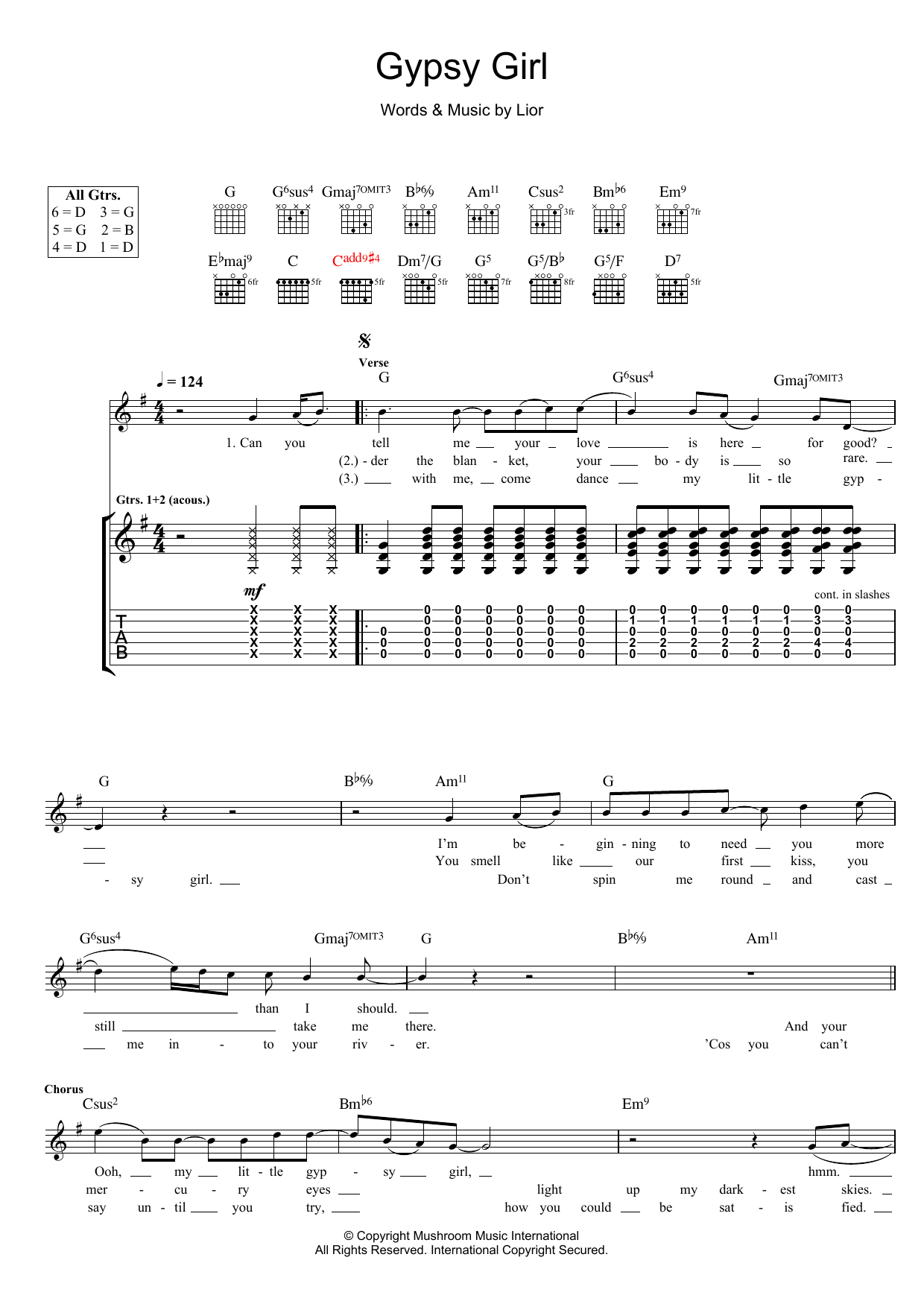 Learn to play Lior Gypsy Girl sheet music for Guitar Tab in minutes. Lior Gypsy Girl sheet music preview music notes and score for Guitar Tab including 3 page(s)