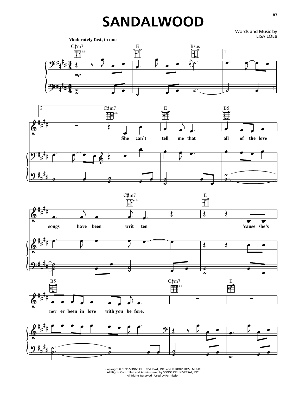 Lisa Loeb & Nine Stories Sandalwood sheet music, chords, lyrics - Printable PDF for Piano, Vocal & Guitar Chords (Right-Hand Melody)