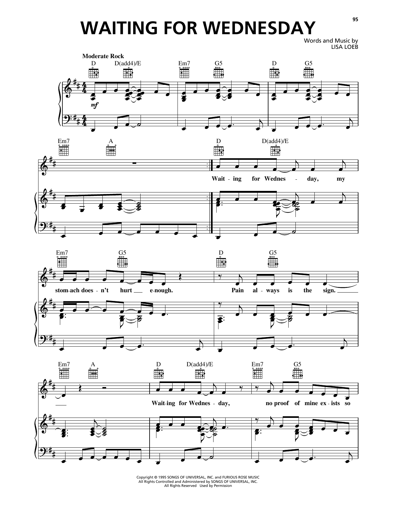 Lisa Loeb & Nine Stories Waiting For Wednesday sheet music, chords, lyrics - Printable PDF for Piano, Vocal & Guitar Chords (Right-Hand Melody)