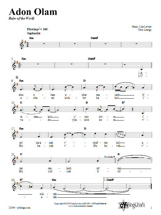 Learn to play Lisa Levine Adon Olam sheet music for Melody Line, Lyrics & Chords in minutes. Lisa Levine Adon Olam sheet music notes and chords