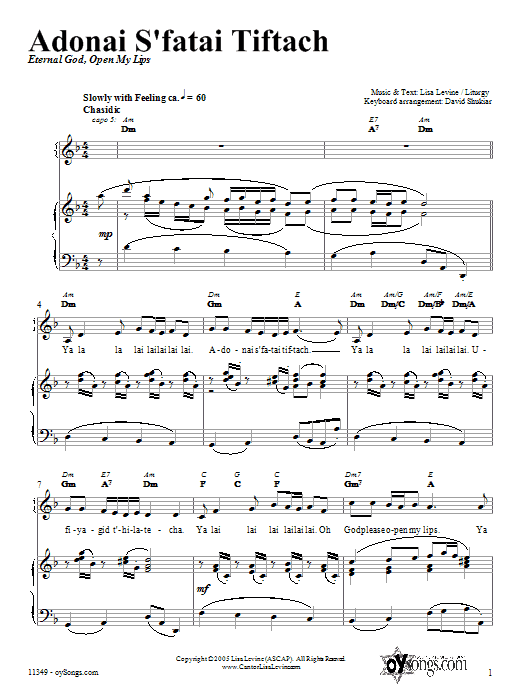 Learn to play Lisa Levine Adonai S'fatai Tiftach sheet music for Piano, Vocal & Guitar (Right-Hand Melody) in minutes. Lisa Levine Adonai S'fatai Tiftach sheet music notes and chords