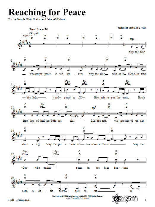 Learn to play Lisa Levine Reaching for Peace sheet music for Piano, Vocal & Guitar (Right-Hand Melody) in minutes. Lisa Levine Reaching for Peace sheet music notes and chords