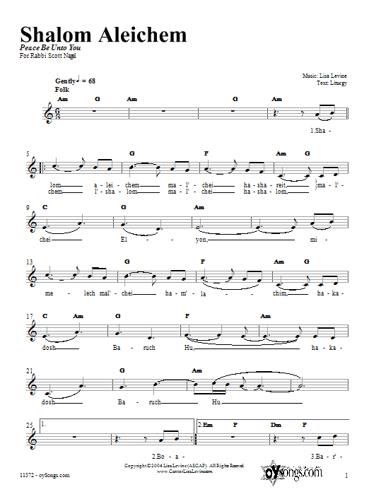 Learn to play Lisa Levine Shalom Aleichem sheet music for Piano, Vocal & Guitar (Right-Hand Melody) in minutes. Lisa Levine Shalom Aleichem sheet music notes and chords