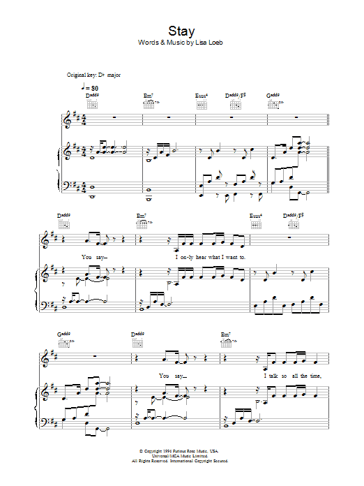 Learn to play Lisa Loeb Stay (I Missed You) sheet music for Piano, Vocal & Guitar (Right-Hand Melody) in minutes. Lisa Loeb Stay (I Missed You) sheet music preview music notes and score for Piano, Vocal & Guitar (Right-Hand Melody) including 7 page(s)