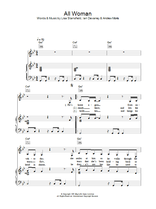 Learn to play Lisa Stansfield All Woman sheet music for Piano, Vocal & Guitar (Right-Hand Melody) in minutes. Lisa Stansfield All Woman sheet music preview music notes and score for Piano, Vocal & Guitar (Right-Hand Melody) including 5 page(s)