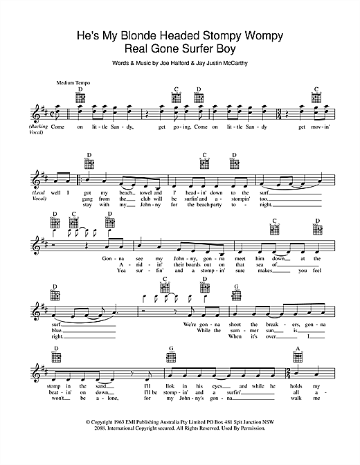 Learn to play Little Pattie He's My Blonde Headed Stompy Wompy Real Gone Surfer Boy sheet music for Melody Line, Lyrics & Chords in minutes. Little Pattie He's My Blonde Headed Stompy Wompy Real Gone Surfer Boy sheet music preview music notes and score for Melody Line, Lyrics & Chords including 2 page(s)