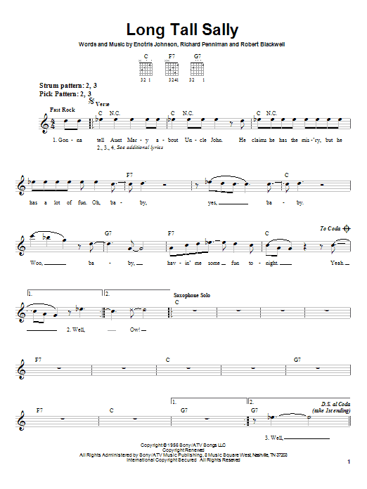 Learn to play Little Richard Long Tall Sally sheet music for Easy Guitar in minutes. Little Richard Long Tall Sally sheet music preview music notes and score for Easy Guitar including 2 page(s)