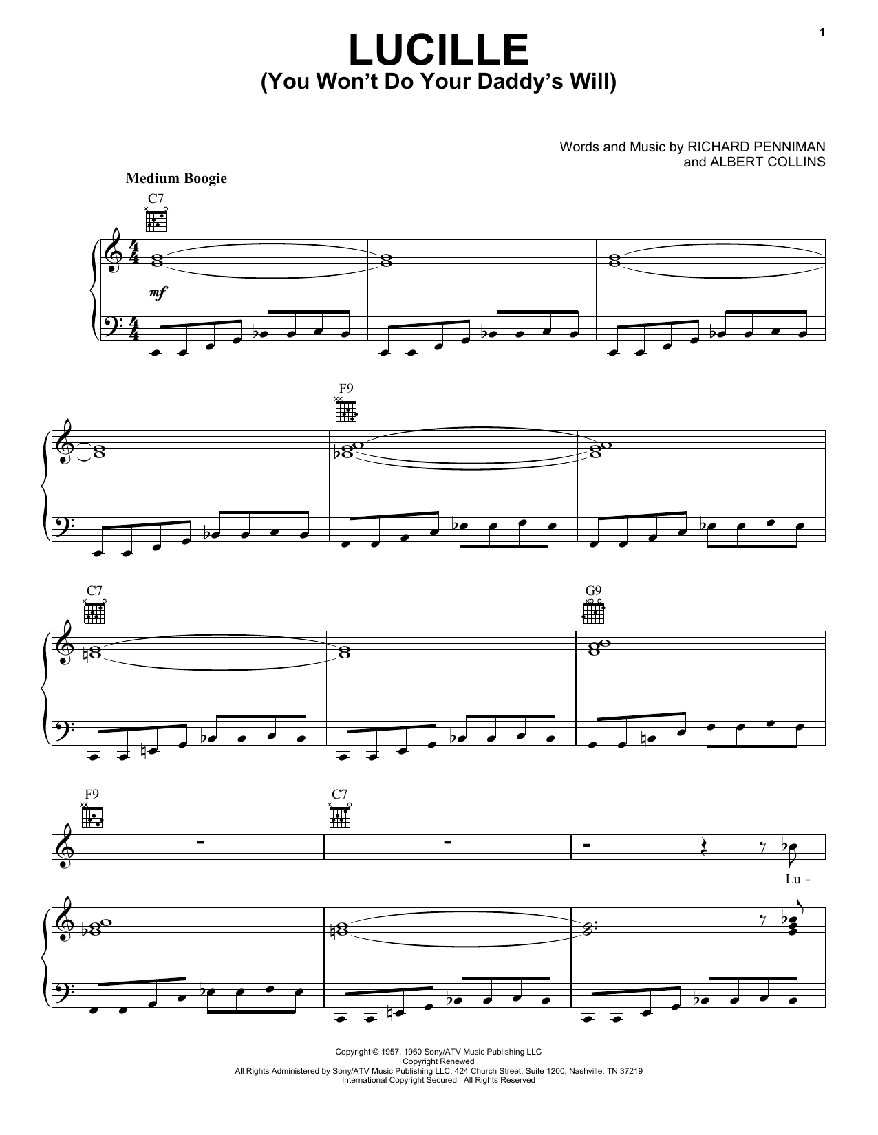 Learn to play Little Richard Lucille (You Won't Do Your Daddy's Will) sheet music for Piano, Vocal & Guitar (Right-Hand Melody) in minutes. Little Richard Lucille (You Won't Do Your Daddy's Will) sheet music preview music notes and score for Piano, Vocal & Guitar (Right-Hand Melody) including 4 page(s)