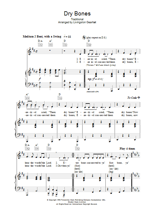 Livingston Gearhart Dry Bones sheet music preview music notes and score for Piano, Vocal & Guitar including 4 page(s)