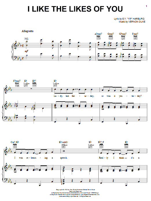 Learn to play Liza Minnelli I Like The Likes Of You sheet music for Piano, Vocal & Guitar (Right-Hand Melody) in minutes. Liza Minnelli I Like The Likes Of You sheet music notes and chords