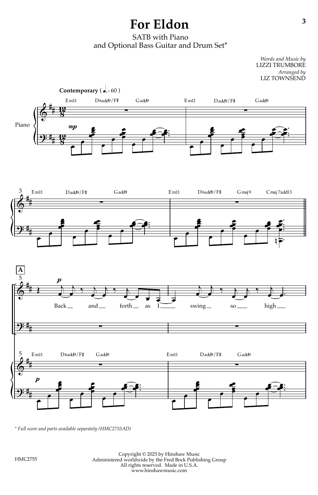 Lizzi Trumbore For Eldon (arr. Liz Townsend) sheet music, chords, lyrics - Printable PDF for SATB Choir