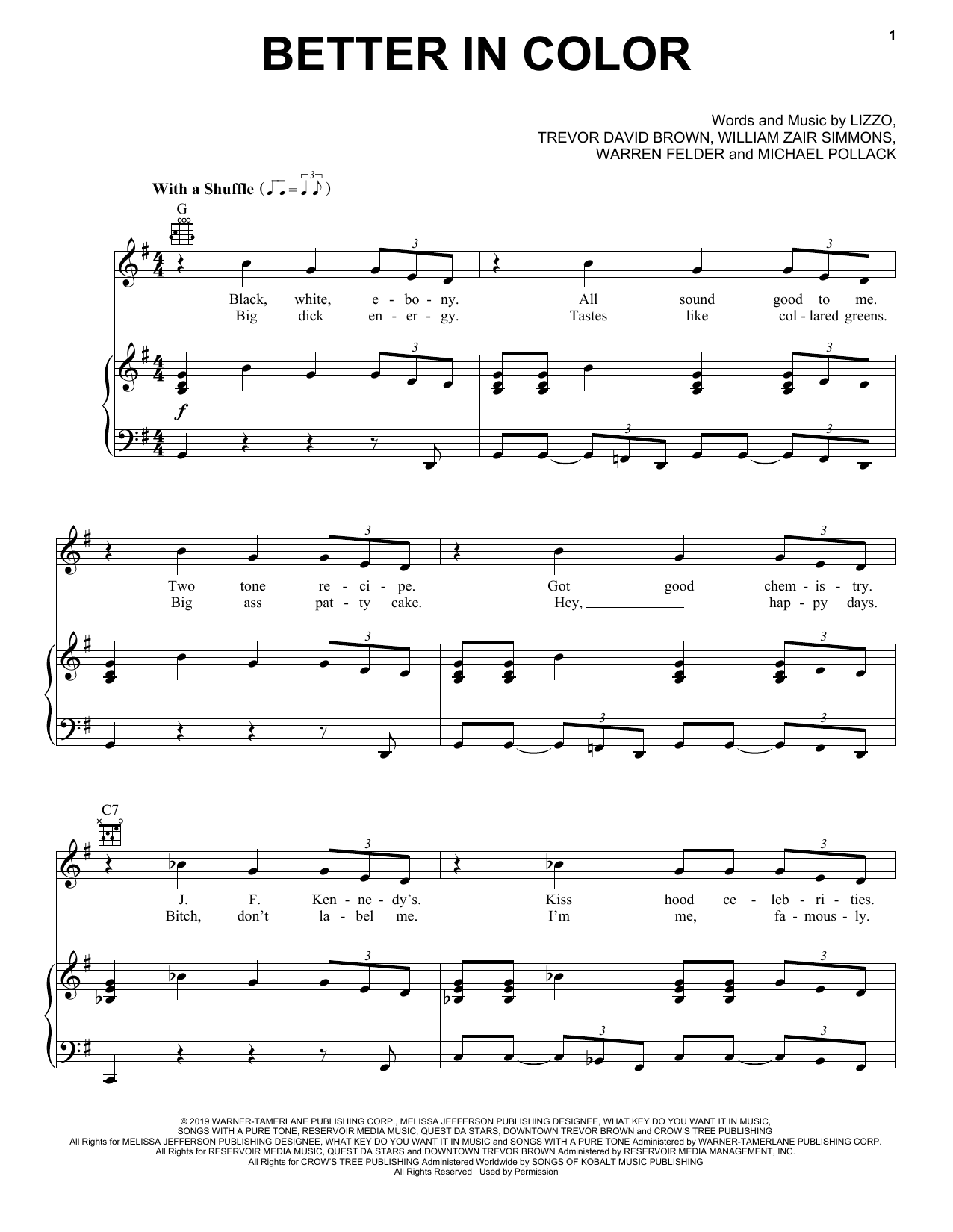 Lizzo Better In Color sheet music, chords, lyrics - Printable PDF for Piano, Vocal & Guitar (Right-Hand Melody)