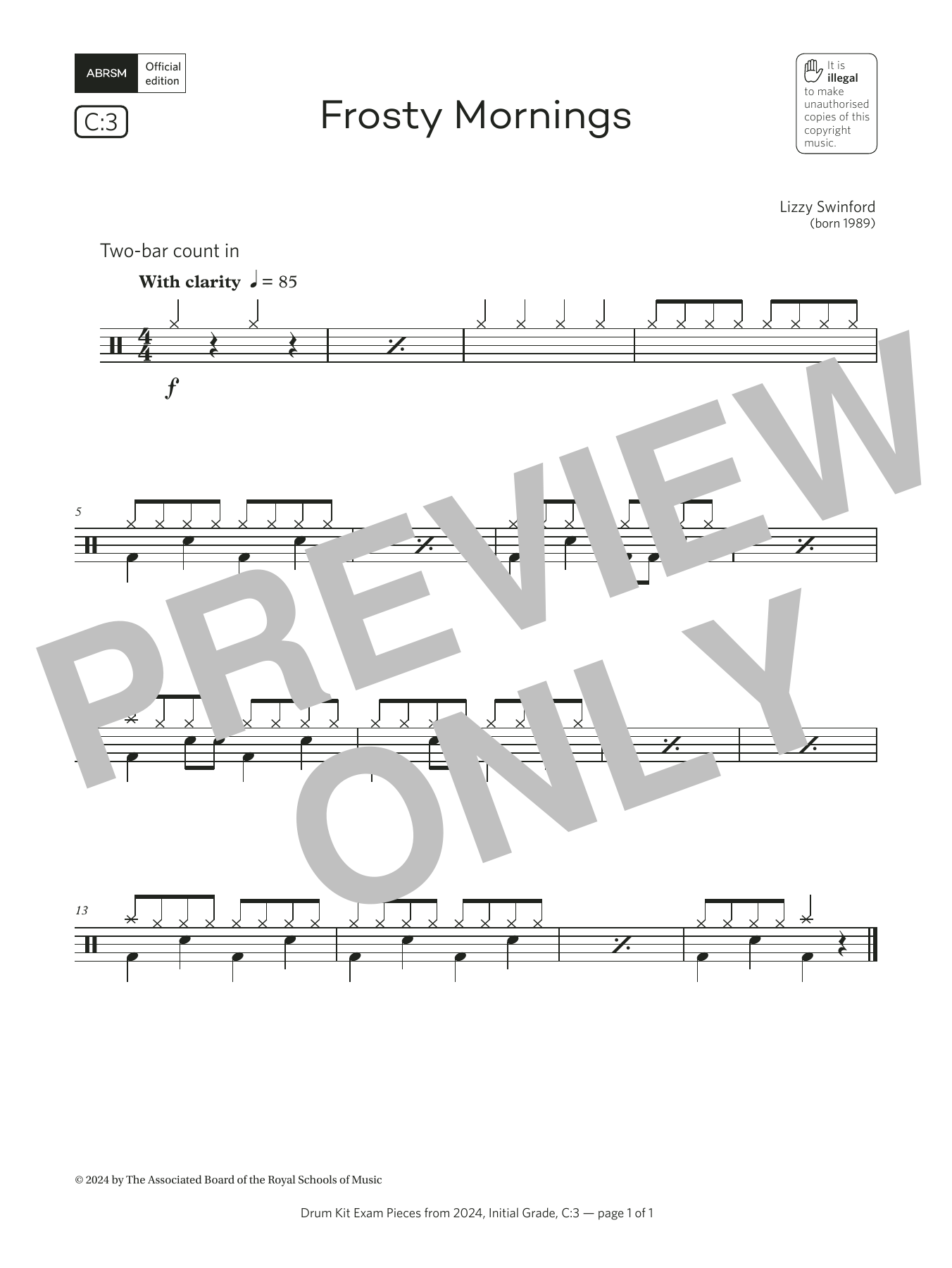 Lizzy Swinford Frosty Mornings (Grade Initial, list C3, from the ABRSM Drum Kit Syllabus 2024) sheet music, chords, lyrics - Printable PDF for Drums