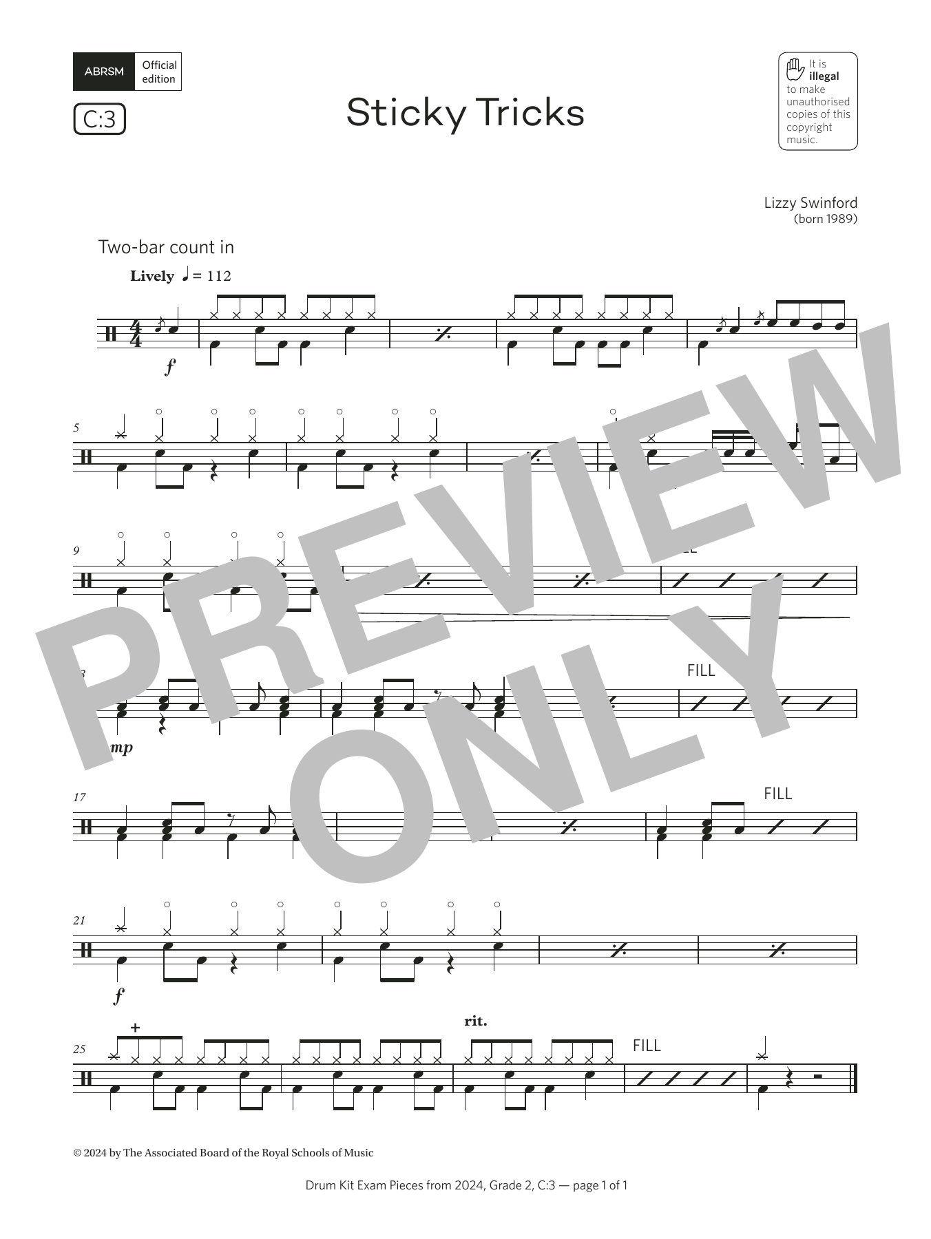 Lizzy Swinford Sticky Tricks (Grade 2, list C3, from the ABRSM Drum Kit Syllabus 2024) sheet music, chords, lyrics - Printable PDF for Drums