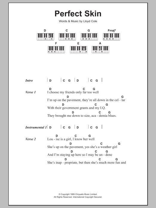 Lloyd Cole Perfect Skin sheet music, chords, lyrics - Printable PDF for Lyrics & Piano Chords