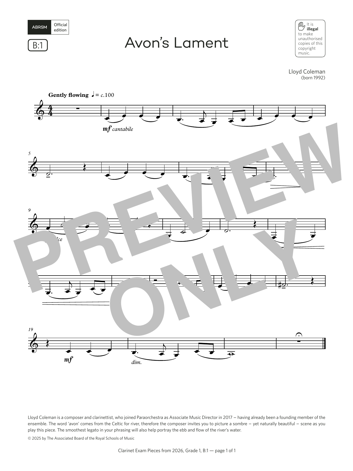 Lloyd Coleman Avon's Lament (Grade 1, list B1, from the ABRSM Clarinet Syllabus from 2026) sheet music, chords, lyrics - Printable PDF for Clarinet Solo