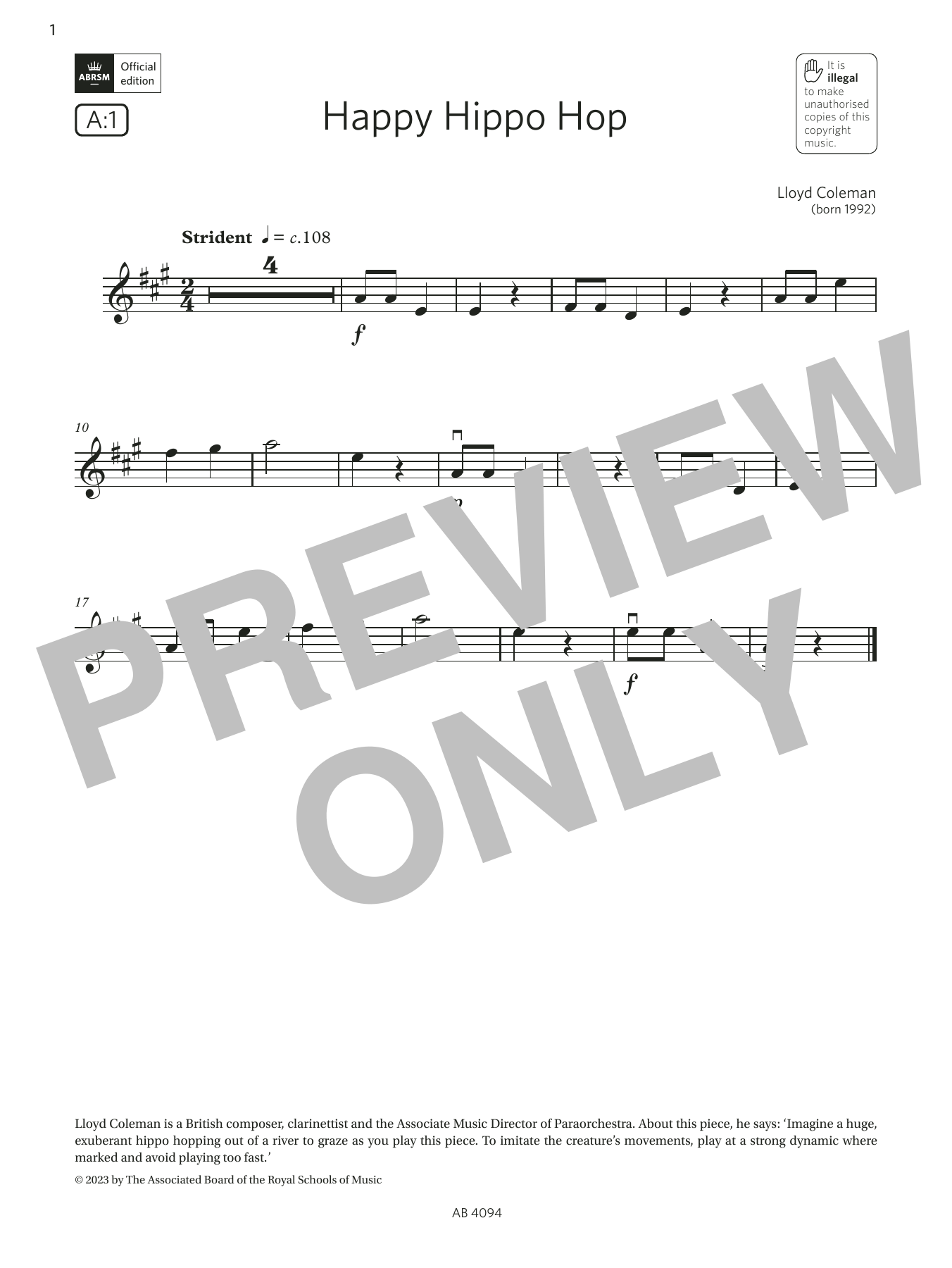 Lloyd Coleman Happy Hippo Hop (Grade Initial, A1, from the ABRSM Violin Syllabus from 2024) sheet music, chords, lyrics - Printable PDF for Violin Solo