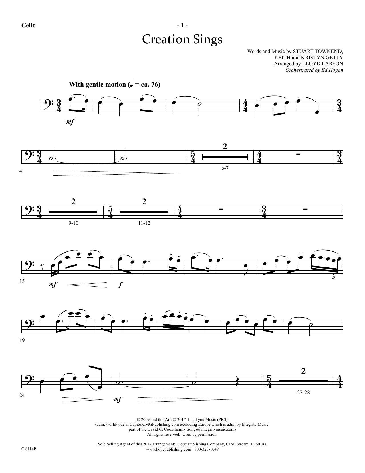Lloyd Larson Creation Sings - Cello sheet music, chords, lyrics - Printable PDF for Choir Instrumental Pak